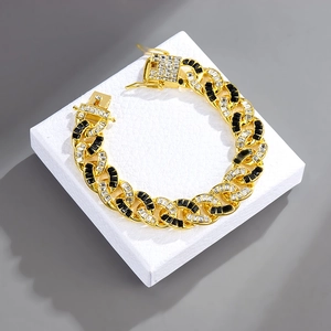 Bracelet cubain 15mm avec strass noirs et blancs au style hip-hop sophistiqué