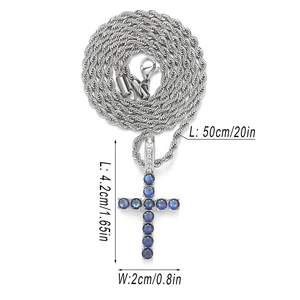 Silver hip hop cross necklace with blue zircon stones and twisted rope chain
