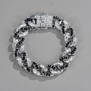 Chaîne cubaine 15mm argent et noir avec strass et boucle carrée style hip hop