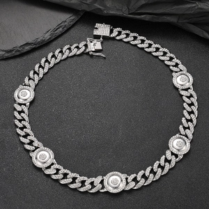 Collana cubana hip hop da uomo argento con medaglioni floreali e strass scintillanti