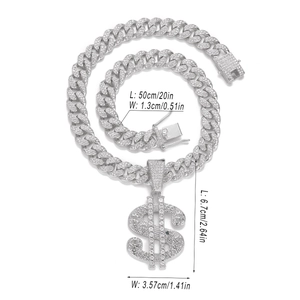 Pendentif signe dollar argent avec chaîne cubaine 50cm et strass étincelants style hip hop