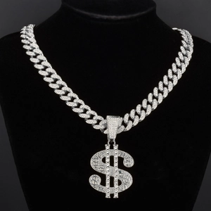 Chaîne cubaine hip hop pour hommes avec pendentif signe dollar serti de diamants