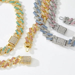 Hip-hop cuban chain necklace in gold and silver finish with multicolored rhinestones