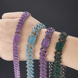 Hip hop cuban link necklace with colorful rhinestones in purple blue and green