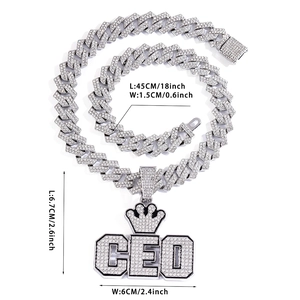 Pendentif couronne CEO glacé avec chaîne cubaine collier hip hop longueur 18 pouces