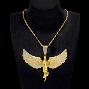 Hip Hop Großer Engelsflügel Anhänger Halskette Zinklegierung Vollstrass Besetzt Gold Silber Farbe Seilkette Schmuck Für Unisex