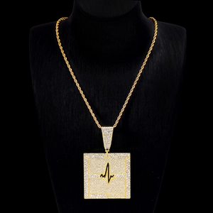 Collier Pendentif Carré Battement de Cœur Hip Hop Iced Out Alliage de Zinc Strass Chaîne Corde Punk Bijoux Unisexe