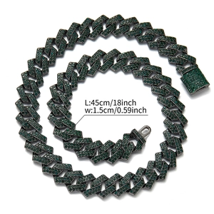 Hip hop 15mm gunmetal Cuban link necklace with green crystals, 18 inch length chain