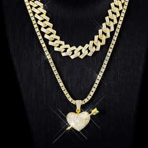 Hip Hop Zinklegierung Pfeil Durchs Herz Anhänger Halskette Gold Silber Strass Panzerkette Schmuck Für Herren Damen