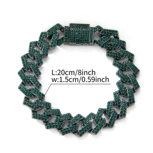 Black gunmetal Cuban link bracelet with vibrant green rhinestones in 20cm length