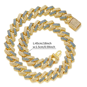 Detailed view of 15mm gold Cuban link chain with blue and white rhinestones and dimensions