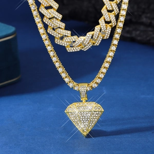Conjunto de joyas hip hop para hombre con cadena cubana dorada y colgante diamante