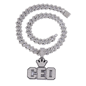 Collier hip hop avec pendentif couronne CEO argenté et chaîne cubaine