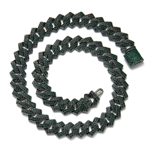 Hip hop black cuban link necklace with emerald green rhinestones for street style fashion