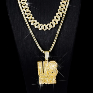 Collier Pendentif Lettre US BOYZ Hip Hop Alliage de Zinc Strass Pavé Chaîne à Maillons Cubains Chaîne Tennis Bijoux Streetwear Homme Femme