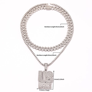 Ensemble collier hip hop avec pendentif US BOYZ et chaînes cubaines serties de strass