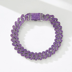 Detail of hiphop cuban link necklace with purple rhinestones and secure box clasp