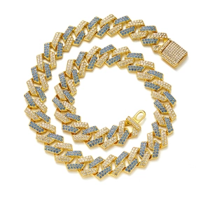 Hip hop Cuban link chain necklace with gold plating and blue-white sparkling zircons