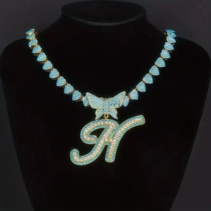 Hip Hop Iced Out Butterfly Initial Pendant Necklace Zinc Alloy Rhinestone A-Z Alphabet Heart Chain Necklace For Men Women
