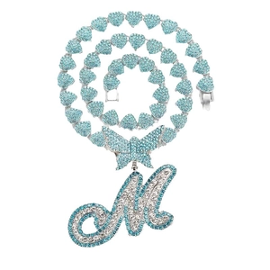 Hip hop style heart link necklace with blue and white crystal butterfly letter M pendant