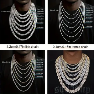Guía de tallas para cadenas hip hop de 18 a 30 pulgadas con diferentes anchuras y longitudes