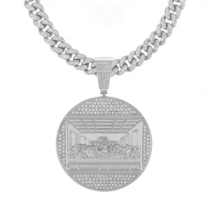 Silver iced out Cuban chain necklace with a Last Supper relief round pendant and diamonds