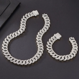 Luxury silver-tone Cuban link necklace and bracelet set with triple-row crystal stones