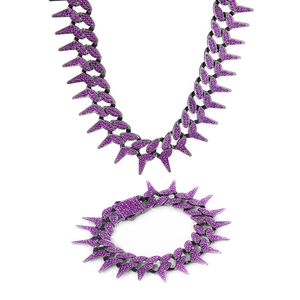 Collier Bracelet Chaîne Cubaine Épine Lame Hip Hop Alliage Zircone Violette Pavé Iced Out Bijoux De Fête Streetwear Pour Hommes Femmes