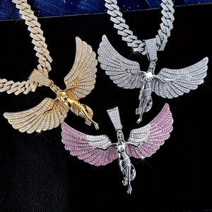 Collier Pendentif Ange Hip Hop Alliage de Zinc Strass Chaîne Gourmette Collier Iced Out pour Homme Femme Bijoux de Fête