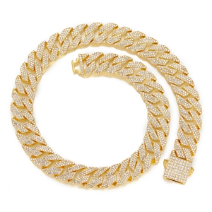 Gold-plated Cuban link chain necklace with three rows of sparkling zircon stones