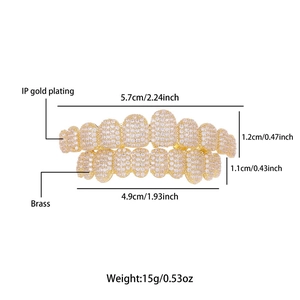 Detailed view of 14k gold-plated brass grillz showing product dimensions and IP plating