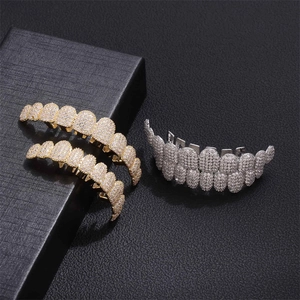 Iced Out Hip Hop Grillz Copper Zirconia Tooth Jewelry 14K Gold Plated Micro Pave Top And Bottom Teeth Grillz For Party Men Jewelry