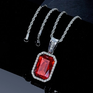Hip-hop silver necklace with a large rectangular red gemstone and micro-pave diamond pendant