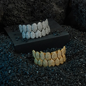 Detail of hip hop heart fangs grillz in gold and silver finish with micro-pave cubic zirconia