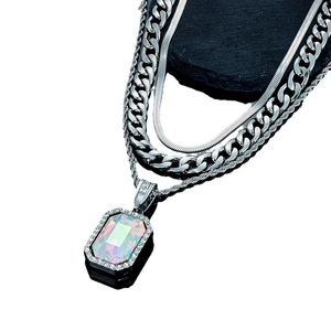 Hiphop layered silver cuban chain necklace with rectangle opal gemstone pendant