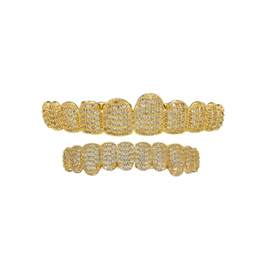 Hip hop 14k gold plated 10-tooth grillz set with pavé cubic zirconia diamonds
