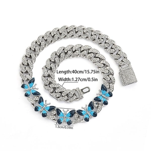 Detailed size map of iced-out Cuban link chain with butterfly pendants and dimensions