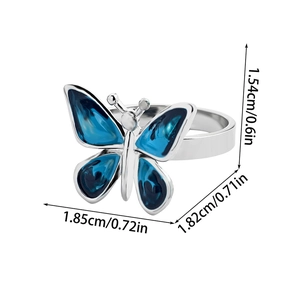 Detailed view of blue butterfly ring with precise measurements and silver metal band