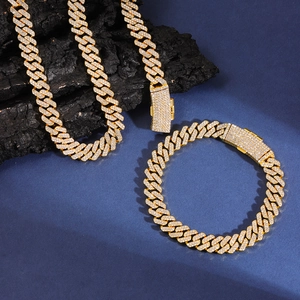 Hip hop style 12mm golden iced-out rhombic Cuban link necklace and bracelet jewelry set