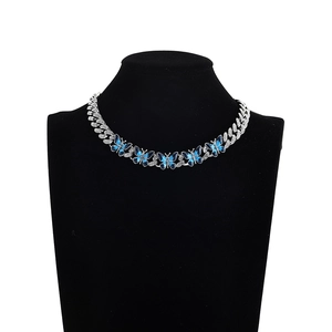 Hip hop silver Cuban link necklace with five blue enamel butterflies and sparkling crystals