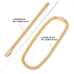 Hip hop gold plated iced out cuban link chain and bracelet set with rhinestones