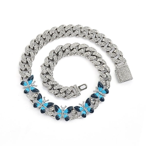 Hip Hop Butterfly Cuban Link Necklace Set Women Pave Rhinestone Enamel Blue Butterfly Alloy Chain Jewelry Party Gift