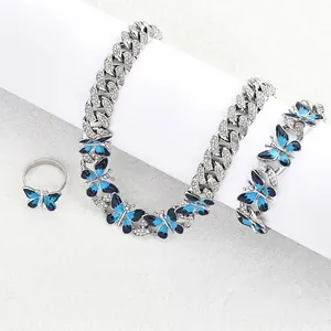Hip hop jewelry set with silver cuban link chain and blue enamel butterfly pendants