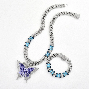 Parure de bijoux cubains argentés avec grand pendentif papillon bleu et un bracelet