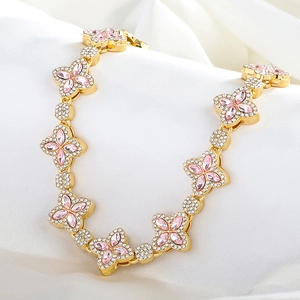 Hip hop 15mm clover necklace with pink marquise stones and pavé set crystals