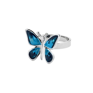 Elegant silver ring with a blue gradient enamel butterfly on a white background