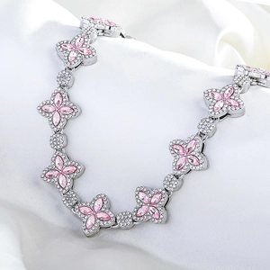 Silver hip hop necklace featuring 15mm pink crystal four-leaf clover floral pendants