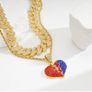 Hip hop heart pendant with red and blue crystals on gold cuban and rope double chain