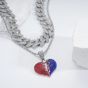 Hip hop double-layer silver cuban chain set with red and blue heart pendant with diamonds