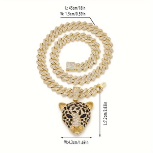 Chaîne cubaine dorée glacée avec pendentif tête de léopard et yeux en pierre bleue